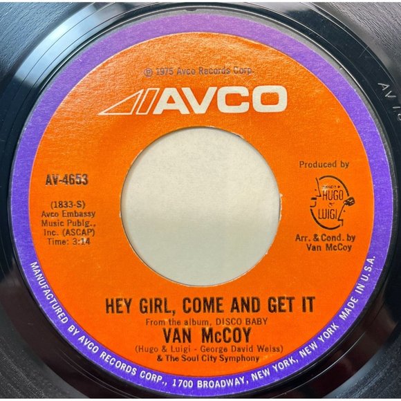 Van McCoy The Hustle / Hey Girl Come and Get It 45 Disco Boogie 1975 Avco 4653 - Picture 2 of 6